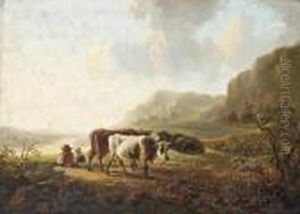 Drovers And Their Herd At Rest On The Bank Of A River by Jacob Van Stry