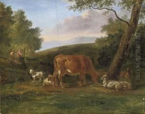 A Wooded Landscape With Grazing Farm Animals And A Shepherdess And Shepherdess At Rest by Jacob Van Stry