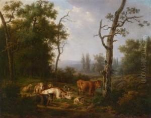 A Wooded Landscape With Restingcattle by Jacob Van Stry