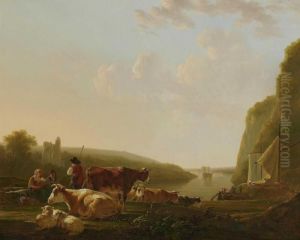 Rastende Bauern Mit Vieh Am Ufer Eines Flusses. by Jacob Van Stry