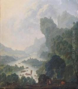 Extensive Wooded River Landscapes, Probably On The Rhine With Numerous Boats And Travellers In The Foreground by Wilhelm Van Swaanenberg