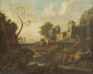 An Italianate Wooded River Landscape With A Traveller On A Track by Herman Van Swanevelt