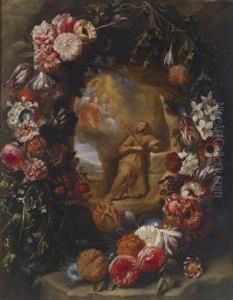 A Floral Garland Surrounding The Vision Ofthe Stigmatized Saint Francis by Jan Philip van Thielen