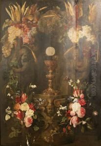 Bloemenguirlande, Druiventrossen En Maiskolven Gedragen Door Putti Rondom Een Cartouche Met Het Heilig Sacrament by Jan Philip van Thielen