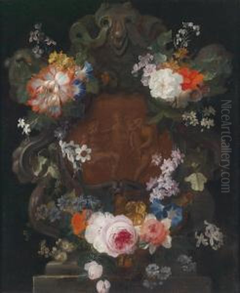 Garland Of Flowers Surrounding A Cartouchedepicting A Bacchanalian Scene - view 1