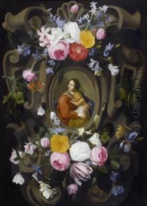 Madonna And Child Within A Garland. by Jan Philip van Thielen
