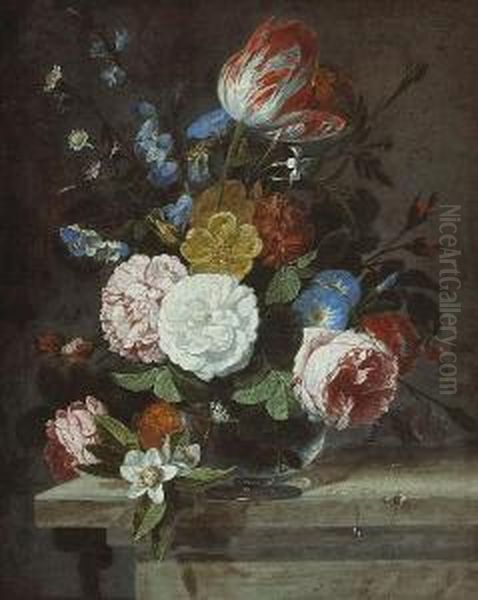 A Still Life Of Peonies, Morning Glories, Atulip And Other Flowers In A Glass Vase On A Stone Ledge - view 1