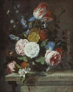 A Still Life Of Peonies, Morning Glories, Atulip And Other Flowers In A Glass Vase On A Stone Ledge