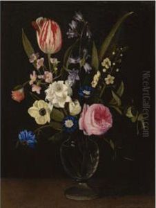 Still Life With A Rose, A Tulip, A Cornflower, Morning Glory, Primuli And Other Flowers In A Glass Vase On A Ledge by Maria Theresia Van Thielen