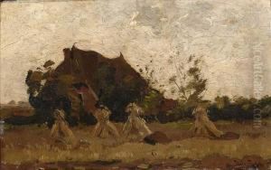 Farm With Sheafs Of Wheat by Hendrik Otto Van Thol