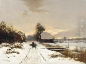 Winter: A Woodgatherer On A Snow Covered Path At Dusk by Hendrik Otto Van Thol