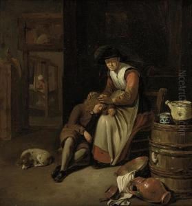 An Old Woman Checking A Young Boy's Hair For Lice by Dominicus van Tol