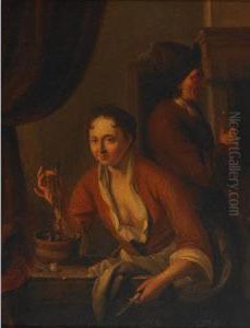 Lady Holding A Herring While A Visitor Savours Thetoast by Dominicus van Tol