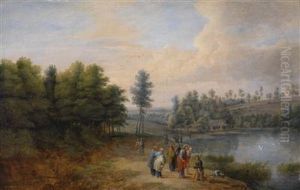 Landscape With Christ Healing The Blind Accompanied By The Twelve Apostles by Lucas Van Uden