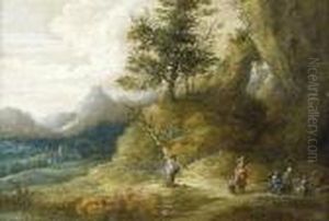 A Mountainous Landscape With Travellers Seated Around A Camp Fire by Lucas Van Uden