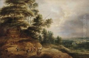 A Hilly Landscape With Peasant Women And Cattle On A Path by Lucas Van Uden