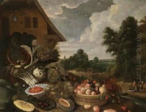 A Still Life Of Fruit And Vegetables Against A Landscape Backdrop A Still Life Of Fruit And Vegetables Against A Landscape Backdrop