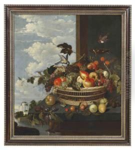A Wicker Basket With Grapes, Apples, Pears And Plums On A Ledge With A Sparrow And A Coal Tit, A View To A Classical Garden Beyond by Adriaen van Utrecht