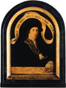 Portrait Of A Gentleman, Standing Small Half Length, Wearing Ablack Fur-lined Jacket With Lace Chemise, His Left Hand Resting Ona Skull On A Marble Ledge