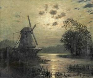 Windmill In A Meadow by Moyses or Moses Matheusz. van Uyttenbroeck