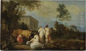 Bathers And A Milkmaid By A Palace In An Italian Landscape by Moyses or Moses Matheusz. van Uyttenbroeck