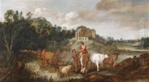 Landscape With Shepherds By A River With Ruins by Moyses or Moses Matheusz. van Uyttenbroeck