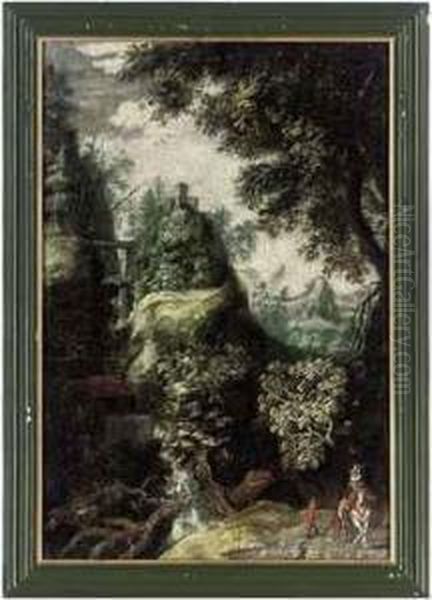 Figures In A Mountainous, Wooded Landscape With A Waterfall - view 1