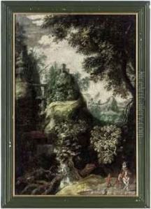 Figures In A Mountainous, Wooded Landscape With A Waterfall by Frederik van Valkenborch