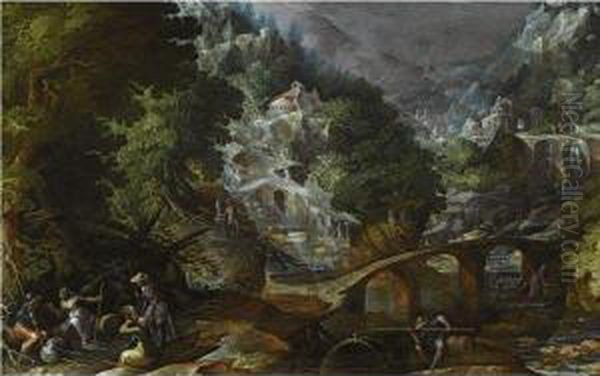 A Mountainous Forest Landscape With Several Bridges Crossing Ariver, With Figures Resting In The Foreground - view 1