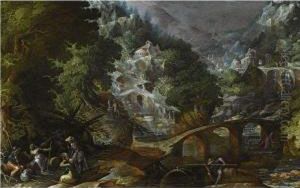 A Mountainous Forest Landscape With Several Bridges Crossing Ariver, With Figures Resting In The Foreground by Frederik van Valkenborch
