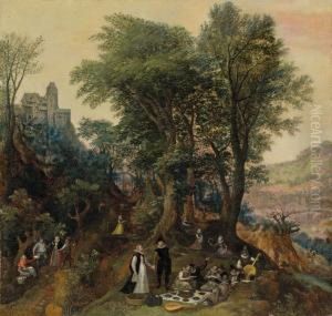 Fruhlingslandschaft Amfusse Einer Burg Mit Hofischer Gesellschaft