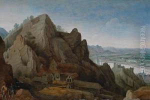 Valckenborch Zugeschrieben Gebirgslandschaft Mit Personen Voreiner Eisengiesserei by Lucas van Valckenborch