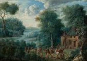 Fluslandschaft Mit Bauernhaus, Reitern Und Personenstaffage