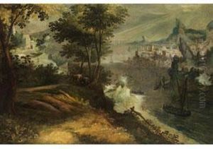 Landschaft Mit Flussmundung Und Stadt An Einer Meeresbucht