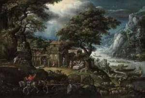An Extensive, Mountainous, River Landscape, With Abraham And Theangels