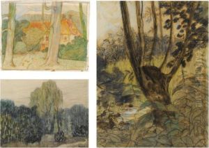 Zie De Maan Schijnt; Landscape With Trees And Ducks Near A Stream, Three Works On Paper by Theodorus Van Hoytema