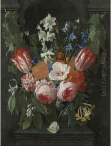 Still Life Of A Swag Of Flowers In Front Of A Stone Niche by Nicolas Van Veerendael