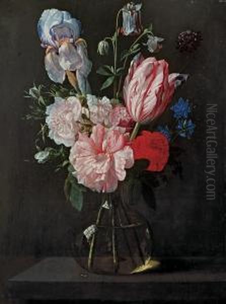 A Tulip, Roses, Iris And Other Flowers In A Glass Vase On Aledge - view 1