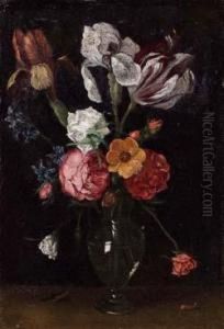 Vaso Di Vetro Con Tulipani, Orchidea, Rose E Giacinto by Nicolas Van Veerendael