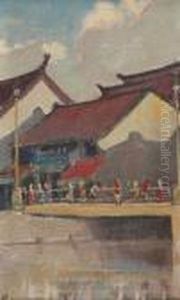 Indonesisch Stadsgezicht Metfiguren Op Een Brug by Henry Van Velthuysen