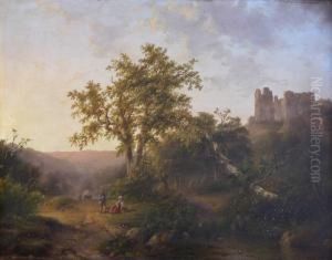 Wandelaars In Een Heuvelachtig Landschap Met Een Ruine.