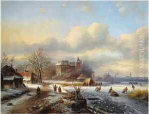 A Winter Landscape With Skaters On The Ice, A Town In Thedistance