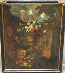 Large Flower Still Life In A Classical Architecturallandscape by Karel Van Vogelaer, Carlo Dei Fiori