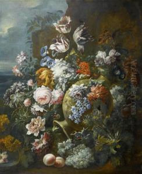 Still Life Of Flowers And Fruits With Terracotta Vase In A Rocky Landscape. - view 1