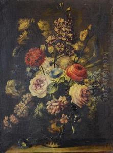 Roses, Jasmine, Convolvulus And Other Flowersin A Stone Urn On A Table Top - view 1
