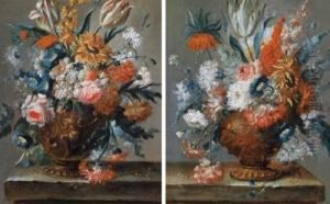 Due Nature Morte Floreali Con Vasi Decorati Su Parapetti Di Pietra