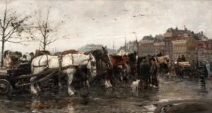 Workhorses With Carts At De Boompjes, Rotterdam by August Willem van Voorden