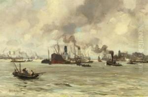 A Dutch Harbour Scene by August Willem van Voorden