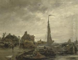 Moored Tjalks In A Harbour by August Willem van Voorden