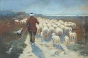 Elderly Shepherd With His Flock Heading Home